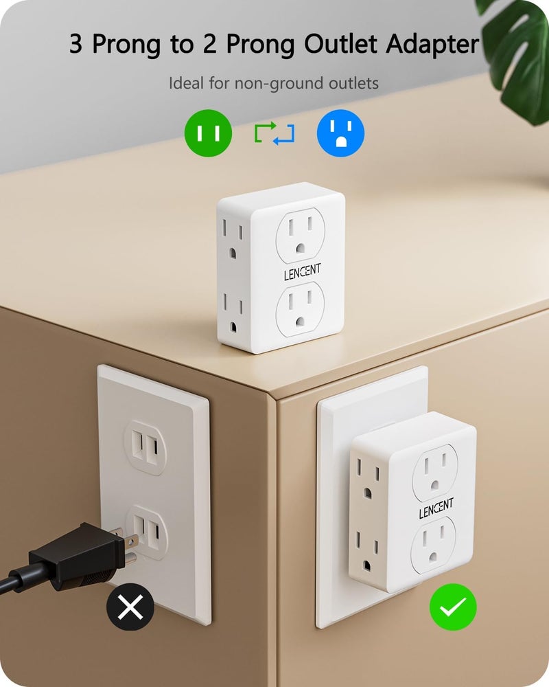 Lencent 2 to 3 Prong Outlet Adapter, 2 Prong Power Strip, 6 Widely Spaced Outlets Extender, 3-Sided Wall Plug Splitter, 1875W Max, Compact Wall tap for Non-Grounded Outlets in Old House Hotel Dorm - Image 2